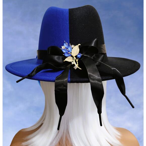 Fedora Black and Blue Hat with Black Ribbon and Gold & Blue Brooch - Picture 1 of 6